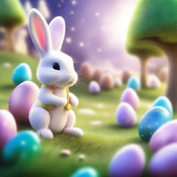 A highly detailed, masterful illustration featuring the Easter Bunny in a magical, fantastical world