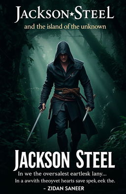 A man walking through a dark green forest, wielding a sword in his hand