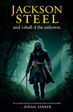 A man walking through a dark green forest, wielding a sword in his hand