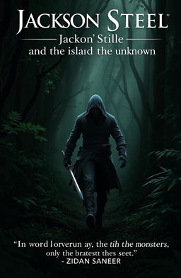 A man walking through a dark green forest, wielding a sword in his hand