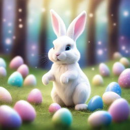 A highly detailed, masterful illustration featuring the Easter Bunny in a magical, fantastical world