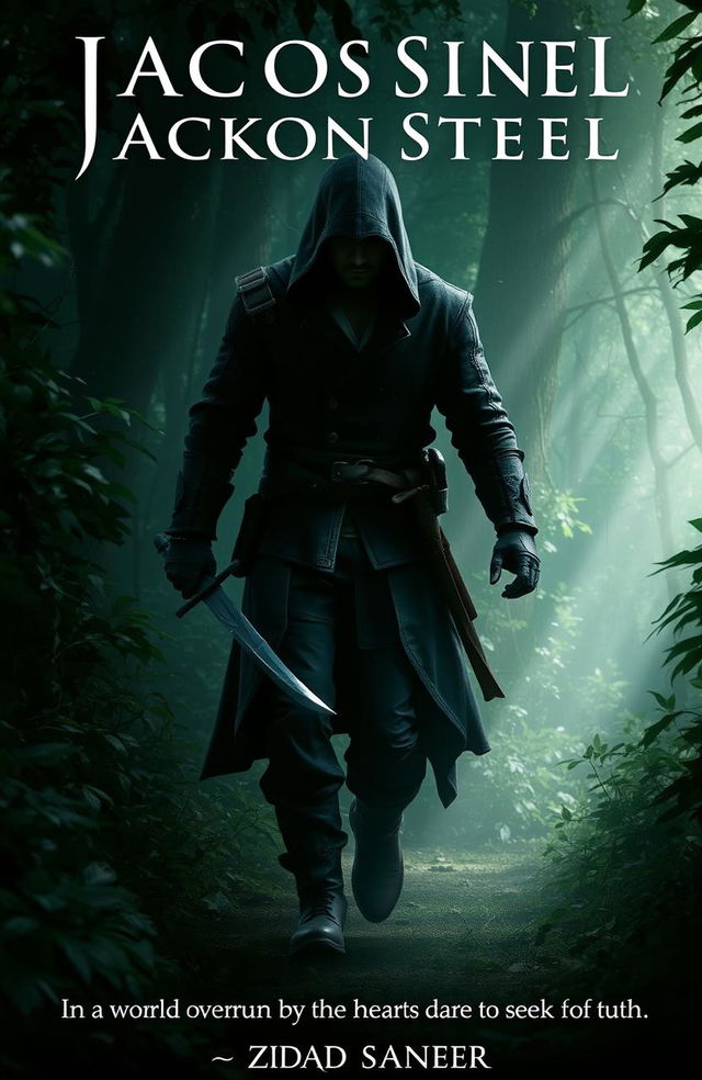 A man walking through a dark green forest, wielding a sword in his hand