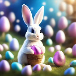 A highly detailed, masterful illustration featuring the Easter Bunny in a magical, fantastical world