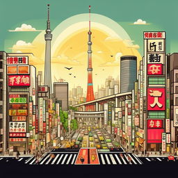 Create a fun, simplistic, cartoon version of the capital city Tokyo, making sure to include easily recognizable features like the Tokyo Skytree and the Shibuya crossing.