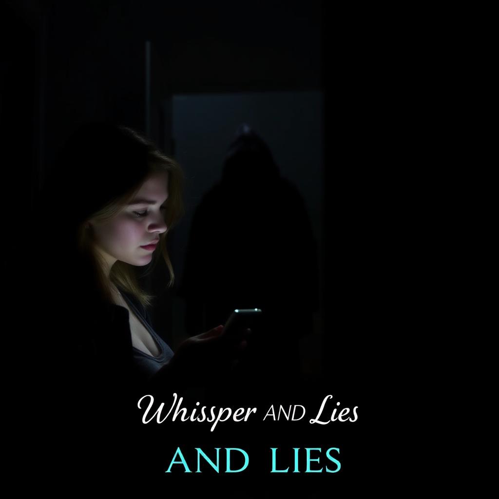 A tense and dramatic scene inspired by the book titled 'Whisper AND Lies', featuring Samantha as she receives a secret message that brings a look of alarm and tension to her face