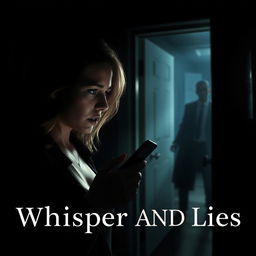 A tense and dramatic scene inspired by the book titled 'Whisper AND Lies', featuring Samantha as she receives a secret message that brings a look of alarm and tension to her face