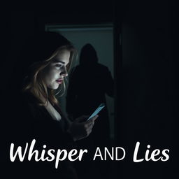A tense and dramatic scene inspired by the book titled 'Whisper AND Lies', featuring Samantha as she receives a secret message that brings a look of alarm and tension to her face