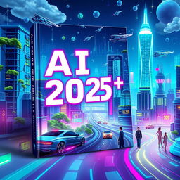 A visually striking book cover for 'AI 2025++' featuring a futuristic theme