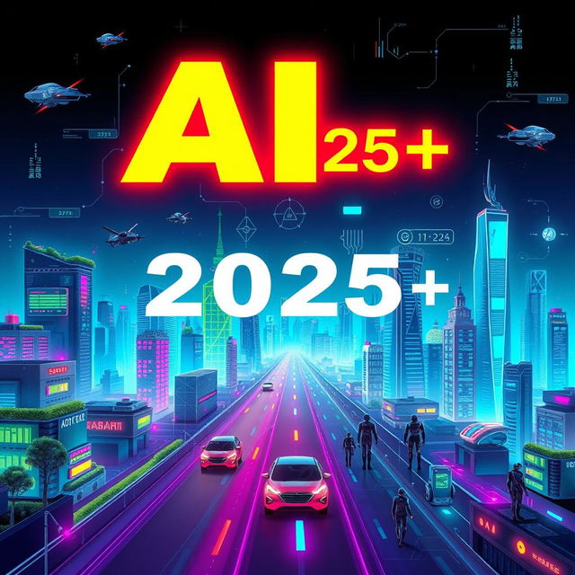 A visually striking book cover for 'AI 2025++' featuring a futuristic theme