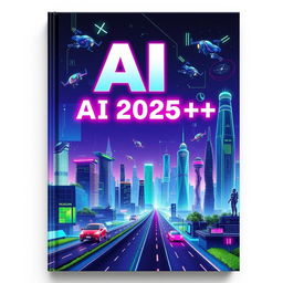 A visually striking book cover for 'AI 2025++' featuring a futuristic theme