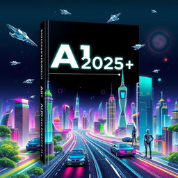 A visually striking book cover for 'AI 2025++' featuring a futuristic theme