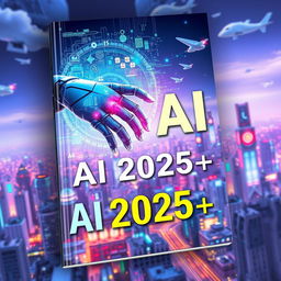 A captivating book cover for 'AI 2025++' that illustrates a futuristic theme