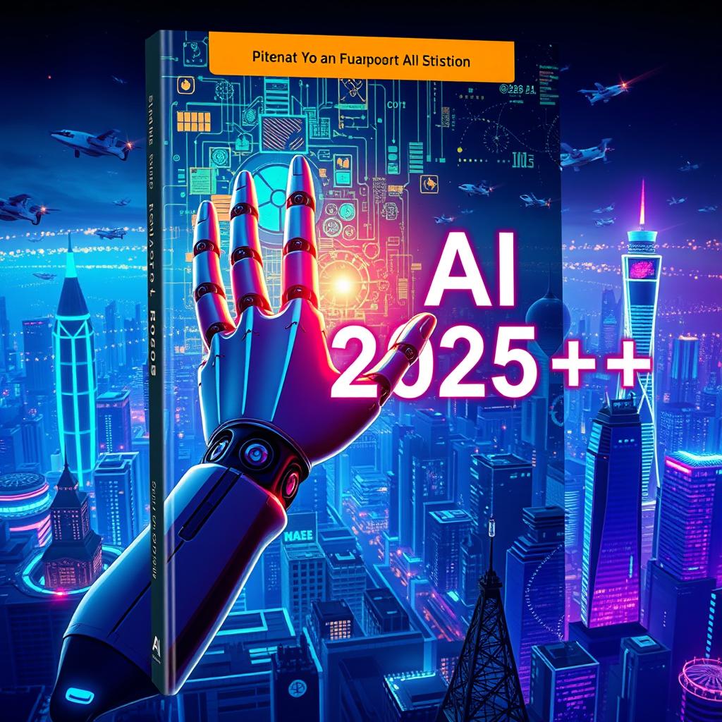 A captivating book cover for 'AI 2025++' that illustrates a futuristic theme