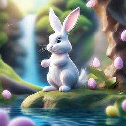 A high-quality, finely detailed masterpiece of the Easter Bunny situated next to a magical waterfall