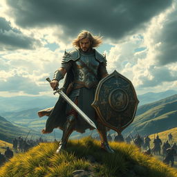 A fierce warrior standing majestically on top of a grassy hill, clad in glimmering, intricately designed armor that reflects the sunlight