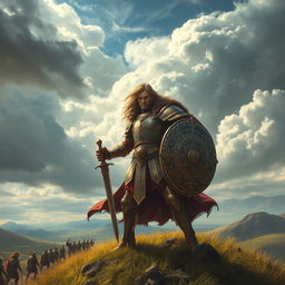 A fierce warrior standing majestically on top of a grassy hill, clad in glimmering, intricately designed armor that reflects the sunlight