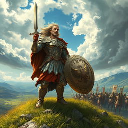 A fierce warrior standing majestically on top of a grassy hill, clad in glimmering, intricately designed armor that reflects the sunlight