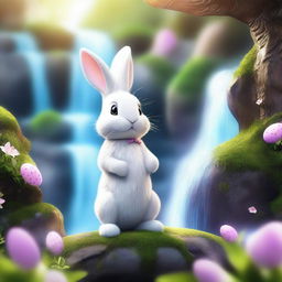 A high-quality, finely detailed masterpiece of the Easter Bunny situated next to a magical waterfall