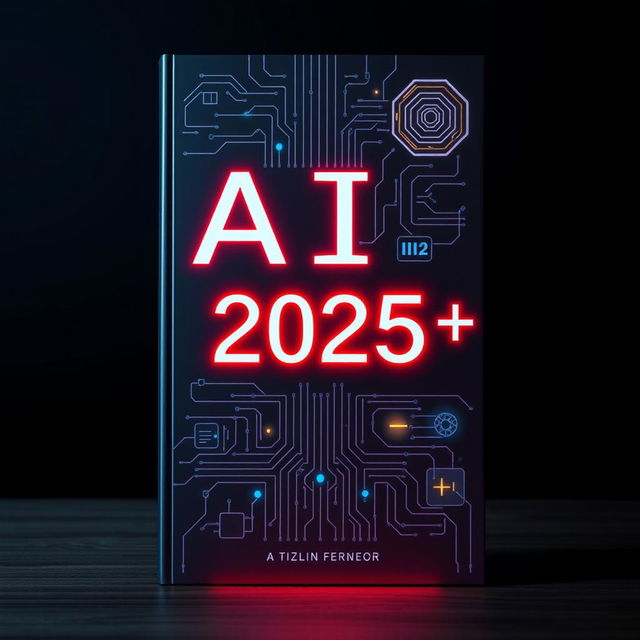 An engaging book cover for 'AI 2025++' featuring a dark, moody background that evokes a sense of mystery and intrigue