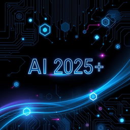 An engaging book cover for 'AI 2025++' featuring a dark, moody background that evokes a sense of mystery and intrigue