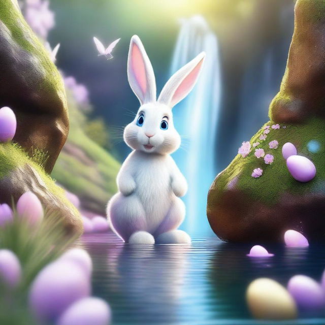 A high-quality, finely detailed masterpiece of the Easter Bunny situated next to a magical waterfall