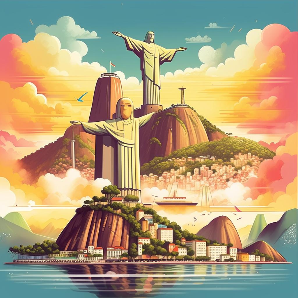 Illustrate a bright and colorful, cartoon-style image of the capital city Rio de Janeiro, prominently featuring the iconic Christ the Redeemer statue and Sugarloaf Mountain.