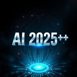 An intriguing book cover design for 'AI 2025++' featuring a dark, atmospheric background that exudes mystery and anticipation