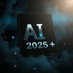 An intriguing book cover design for 'AI 2025++' featuring a dark, atmospheric background that exudes mystery and anticipation