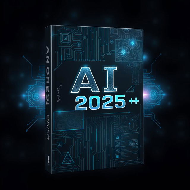 An intriguing book cover design for 'AI 2025++' featuring a dark, atmospheric background that exudes mystery and anticipation