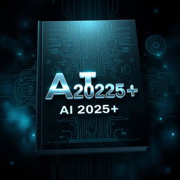 An intriguing book cover design for 'AI 2025++' featuring a dark, atmospheric background that exudes mystery and anticipation