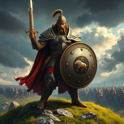 A fierce warrior standing proudly on a hilltop, dressed in imposing, ornate armor that gleams in the sunlight