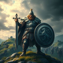 A fierce warrior standing proudly on a hilltop, dressed in imposing, ornate armor that gleams in the sunlight