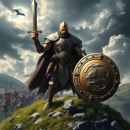 A fierce warrior standing proudly on a hilltop, dressed in imposing, ornate armor that gleams in the sunlight
