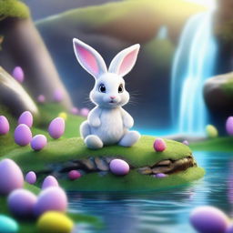 A high-quality, finely detailed masterpiece of the Easter Bunny situated next to a magical waterfall