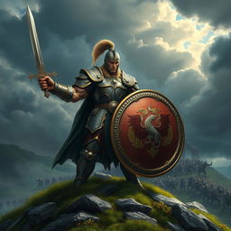 A fierce warrior standing proudly on a hilltop, dressed in imposing, ornate armor that gleams in the sunlight