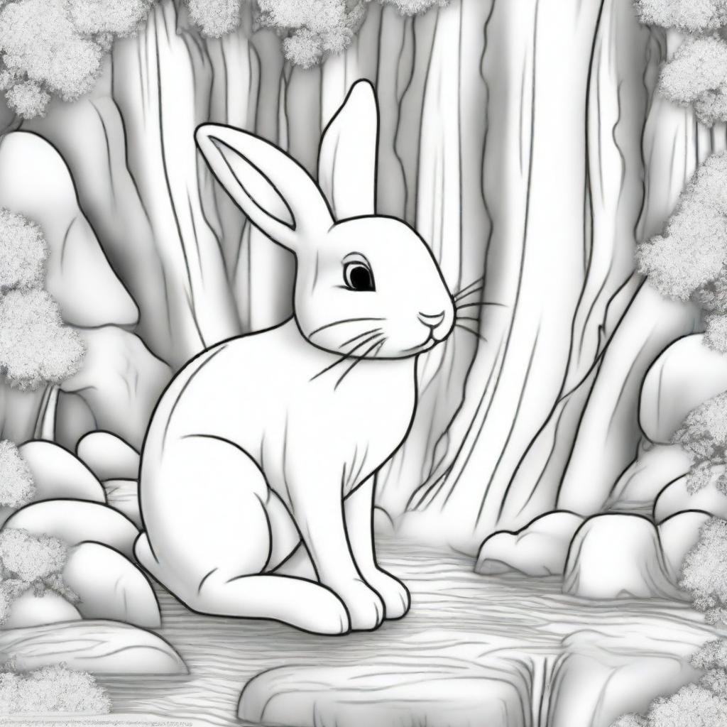 Generate a coloring book page: a highly detailed Easter Bunny next to a magical waterfall