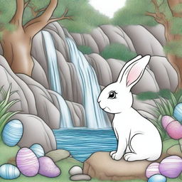 Generate a coloring book page: a highly detailed Easter Bunny next to a magical waterfall