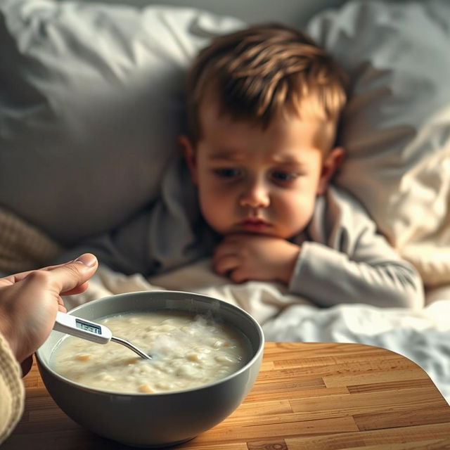 A cinematic shot of a child lying on a bed, looking unwell with a slightly furrowed brow and weary eyes