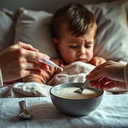 A cinematic shot of a child lying on a bed, looking unwell with a slightly furrowed brow and weary eyes