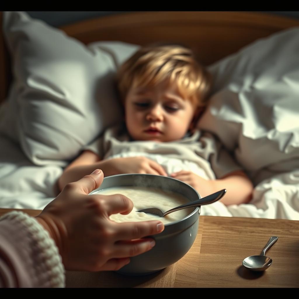 A cinematic shot of a child lying on a bed, looking unwell with a slightly furrowed brow and weary eyes