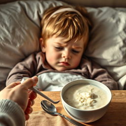 A cinematic shot of a child lying on a bed, looking unwell with a slightly furrowed brow and weary eyes