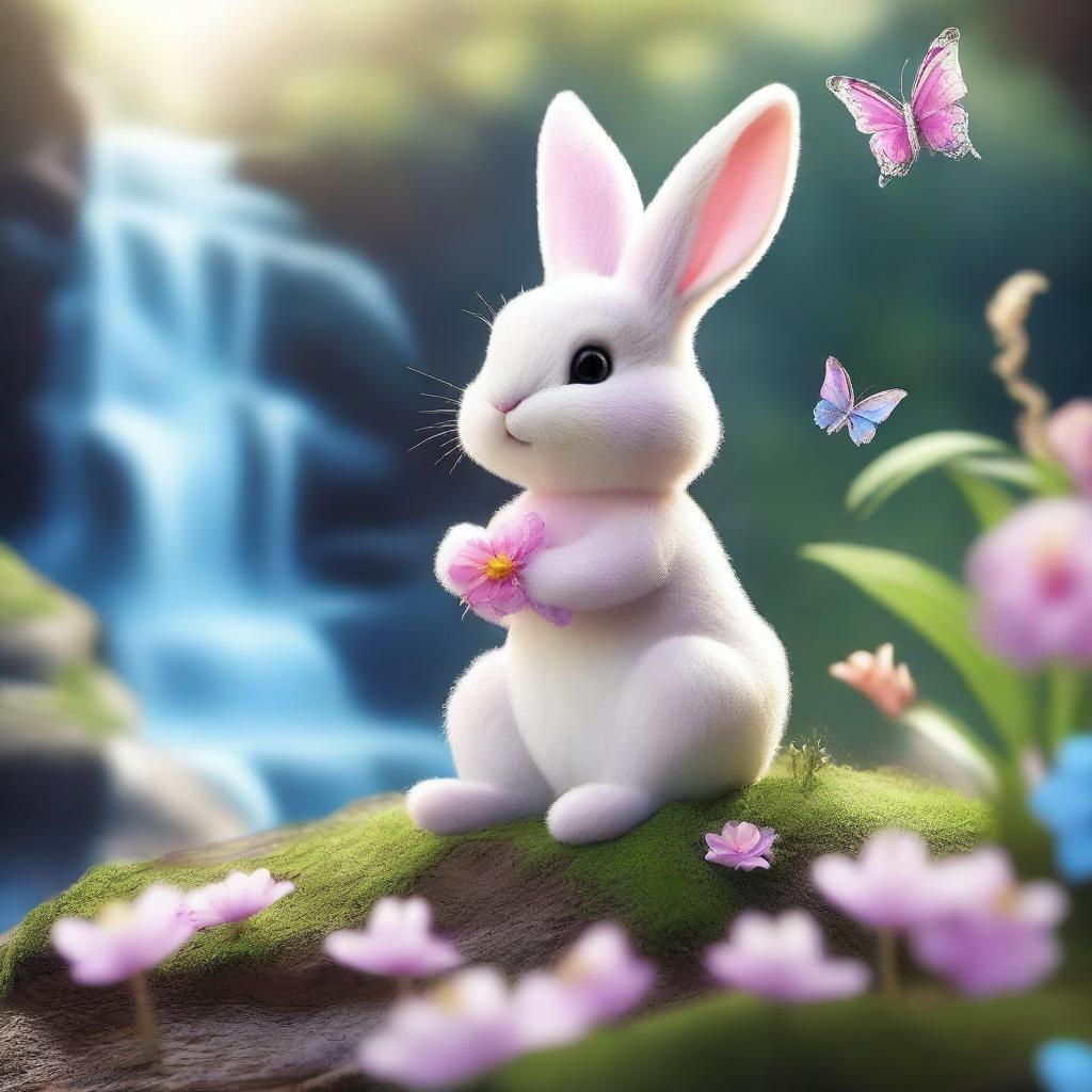 Create a high-quality, highly detailed masterpiece of the Easter Bunny alongside a waterfall, surrounded by fluttering butterflies