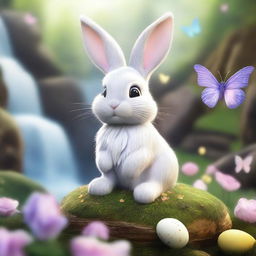 Create a high-quality, highly detailed masterpiece of the Easter Bunny alongside a waterfall, surrounded by fluttering butterflies