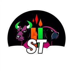 Logo design for a trading community named "ST" featuring stylized trading candles alongside a bull and bear motif