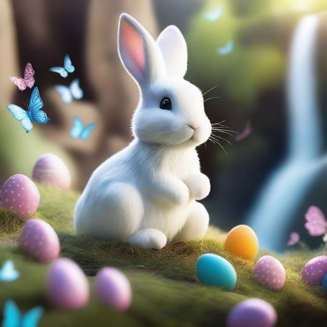 Create a high-quality, highly detailed masterpiece of the Easter Bunny alongside a waterfall, surrounded by fluttering butterflies