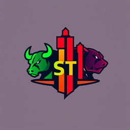 Logo design for a trading community named "ST" featuring stylized trading candles alongside a bull and bear motif