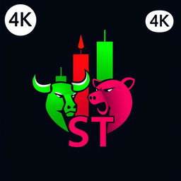Logo design for a trading community named "ST" featuring stylized trading candles alongside a bull and bear motif