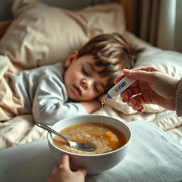 A cinematic shot of a child lying sideways on a bed, appearing unwell with closed eyes and a slight pout, conveying the discomfort of being sick