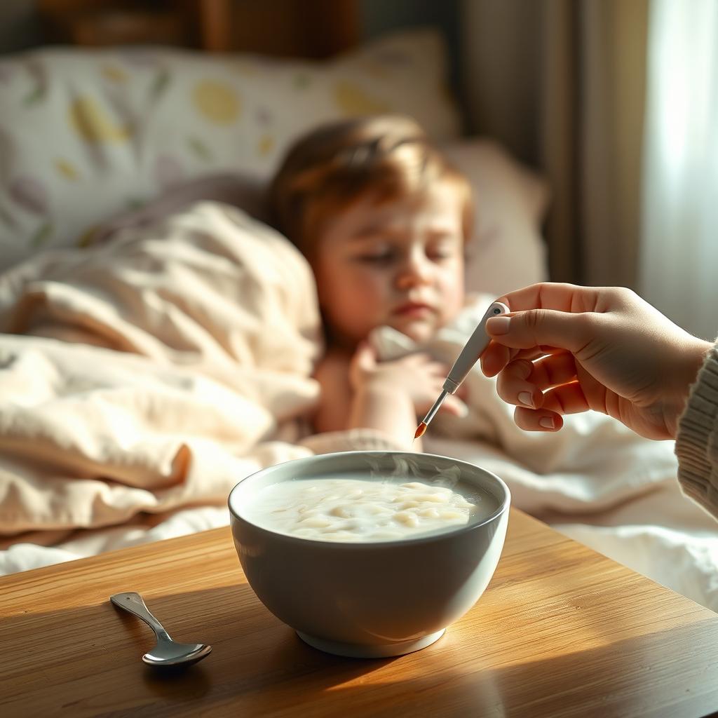 A cinematic shot of a child lying sideways on a bed, appearing unwell with closed eyes and a slight pout, conveying the discomfort of being sick