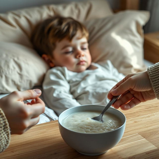 A cinematic shot of a child lying sideways on a bed, appearing unwell with closed eyes and a slight pout, conveying the discomfort of being sick